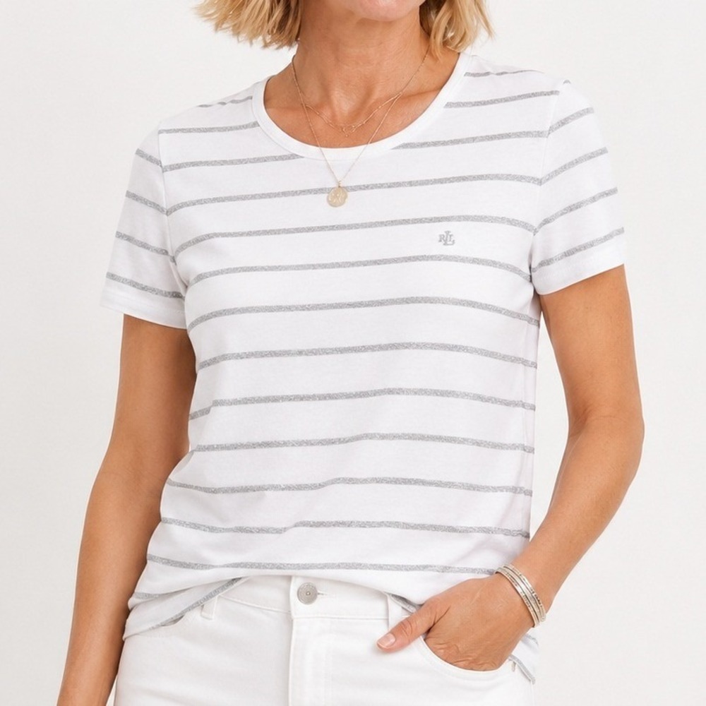 Lauren Ralph Lauren White Silver Metallic Stripe Short‎ Sleeve Tee Smal